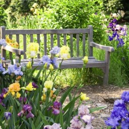 Garten mit lila blumen und schlichter hoelzernen bank.jpg