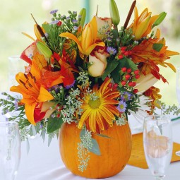 Decorating ideas gorgeous image of accessories for dining room and dining table decoration using orange flower thanksgiving floral table centerpiece and round pumpkin flower vase gorgeous accessories.jpg