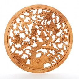 10 inch decorative asian style intricate carved wood cherry blossom design hanging artwork etched round antique wall mounted art piece mygift 0.jpg