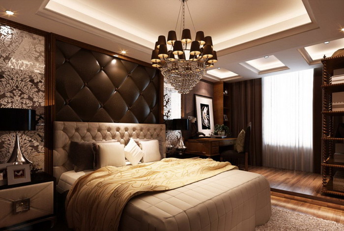 Dark brown wall design in luxury master bedroom.jpg