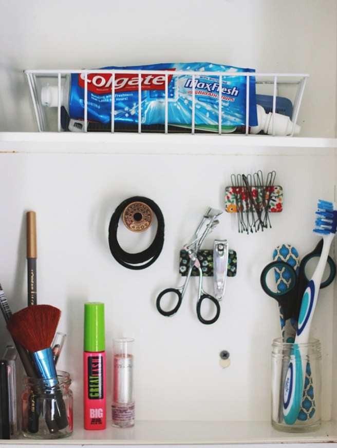 Diy bathroom organization ideas create pretty do it yourself magnets to organize the small metal items inside of your medicine cabinet step by step tutorial via the merr.jpg