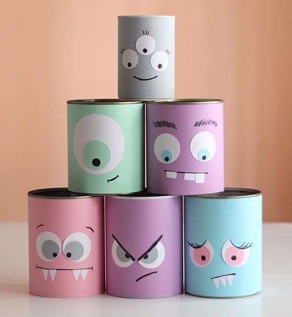 Reused old tin cans as halloween crafts for kids with funny decoration.jpg