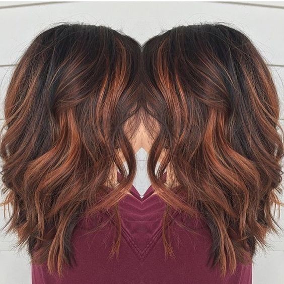Blunt medium wavy hairstyles for thick hair red brown balayage 1.jpg