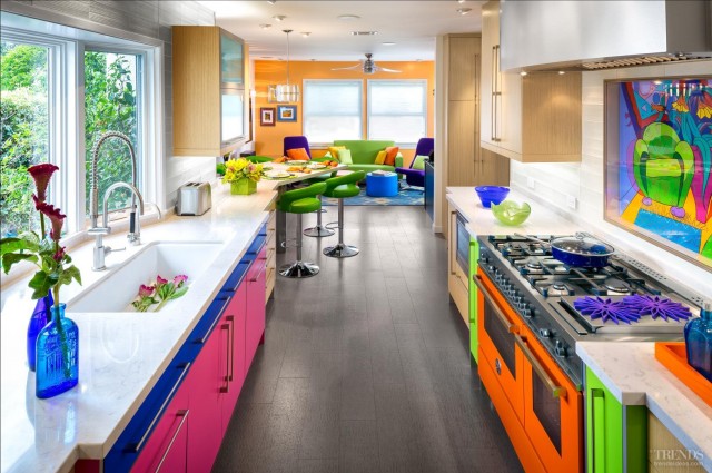 Colorful kitchen with orange range mixes colored cabinets with rift cut white oak popular kitchens col.jpg