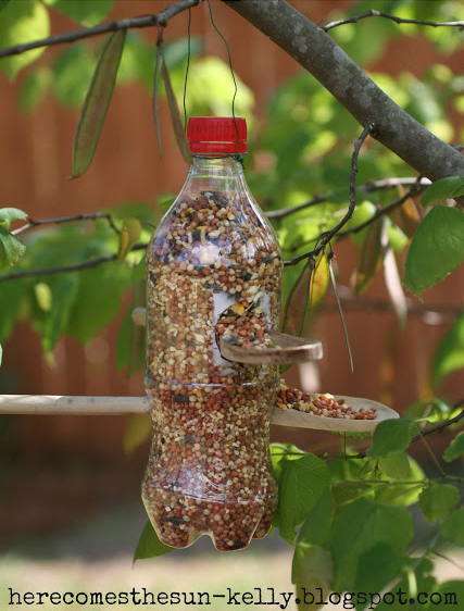 Make a bird feeder using a recycled soda bottle and two wooden spoons.jpg