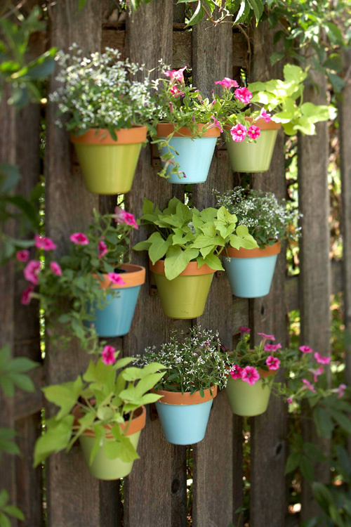 Make a vertical garden with small planters mounted on a fence.jpg