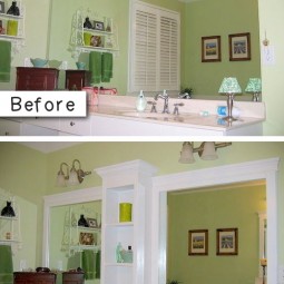 3. add molding and shelves to an otherwise boring bathroom mirror. 27 easy remodeling projects that will completely transform your home.jpg