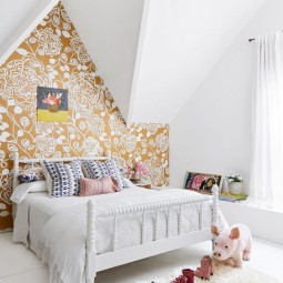 06 gold and white cute floral wallpaper for the headboard wall in a girls room.jpg