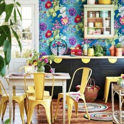 13 super colorful blue wallpaper with bold floral prints for a cheerful summer kitchen.jpg