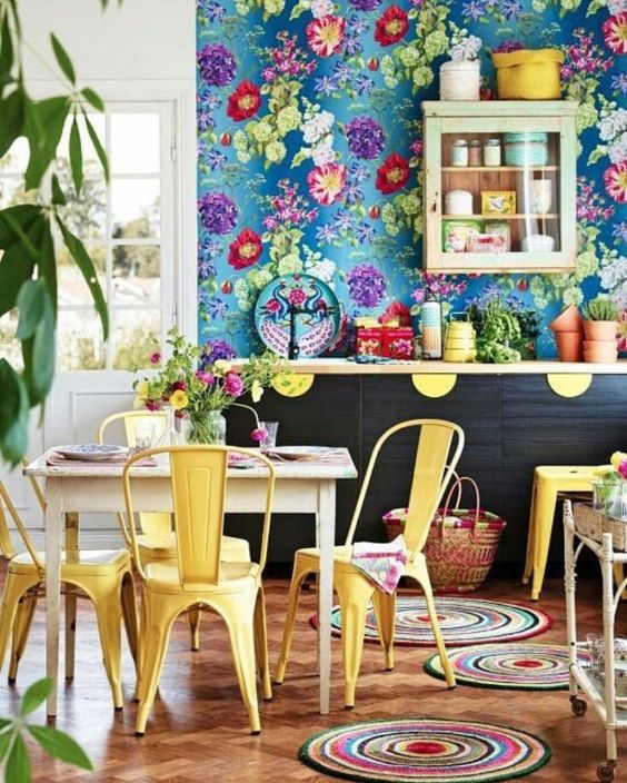 13 super colorful blue wallpaper with bold floral prints for a cheerful summer kitchen.jpg