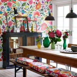 15 colorful floral wallpaper and matching cushions for a dining space.jpg