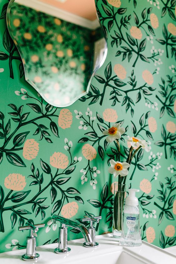 17 bold green wallpaper with yellow floral prints screams spring and summer and adds cheer to the bathroom.jpg