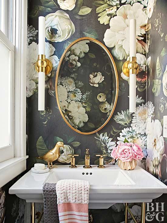 19 refined realistic floral wallpaper adds an exquisite feel to this powder room.jpg