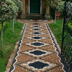Gartenwege kieselsteinen mosaik rautenmuster schwarz braun.jpg