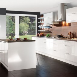 Interesting white kitchen ideas with dark floor tiles also laminated wooden countertop and backplashes combine with storage and drawers plus standing cooker feat cooker hood also built in oven.jpg