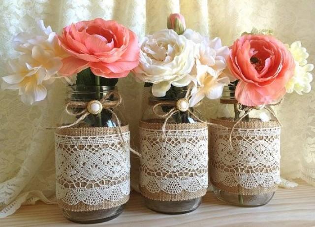 3 burlap and lace covered mason jar vases wedding deocration bridal shower engagement anniversary party decor.jpg