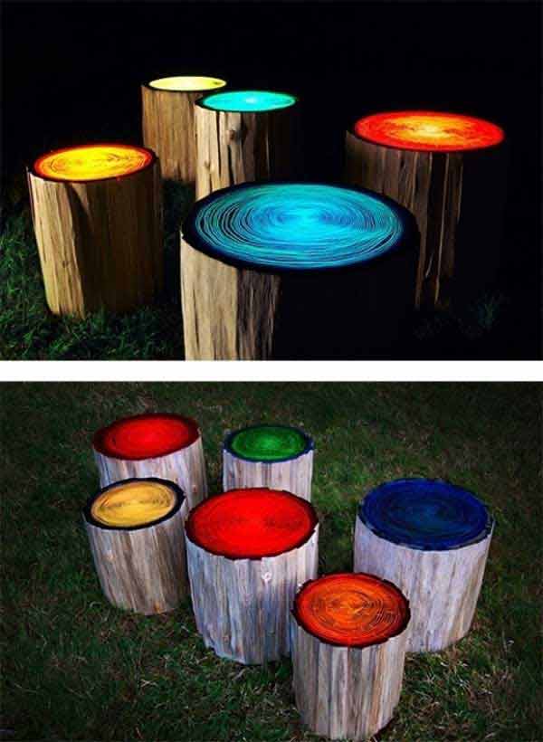 Log stools painted with glow in the dark paint.jpg