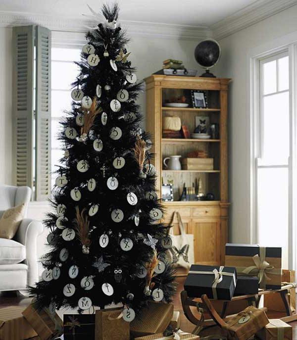 Trendy black christmas tree with alphabet ornaments.jpg