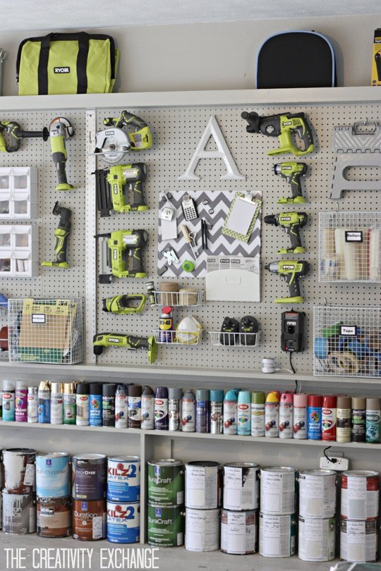 Diy garage pegboard for tools spray paint and supplies. only need 5.5 inches for depth. the creativity exchange.jpg