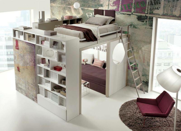Kleine wohnung einrichten hochbett leiter wohnwand regale couch.jpg