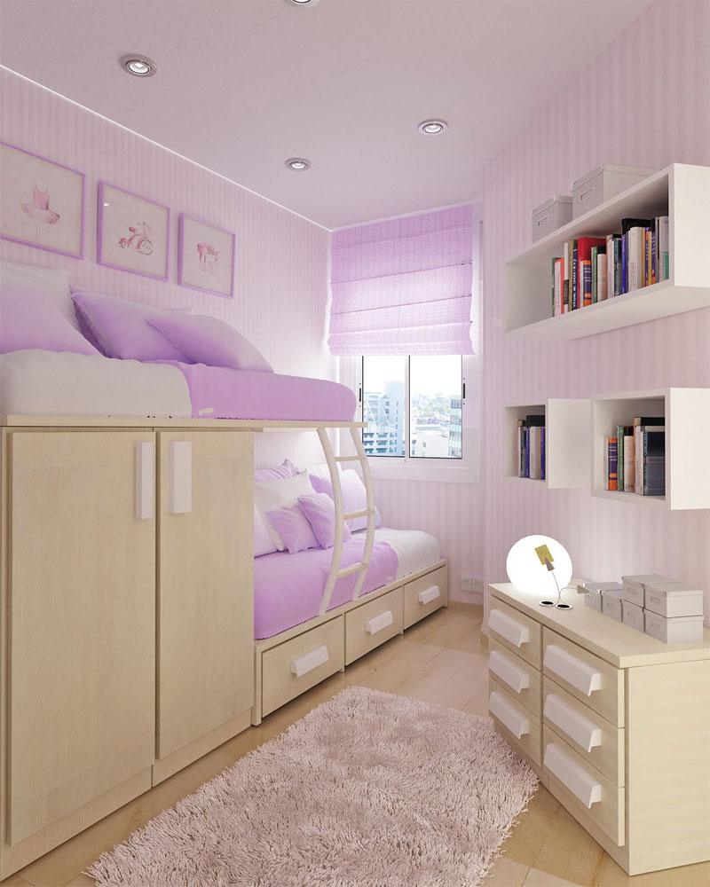 Bedroom interior cool small bedroom ideas for teenagers girls with bunk beds of laminate wooden with wardrobe and drawers also beautiful pink horizontal blinds on window and grey fur rugs on laminate.jpg