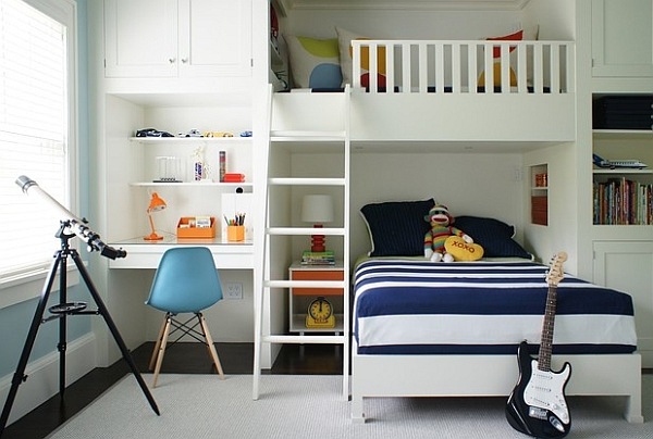 Exquisite small bedroom bunk bed idea with a table below.jpg