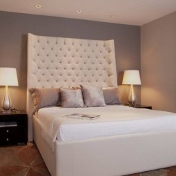 Extra high headboard with exquisite queen size bed for small bedroom ideas with grey accent wall.jpg