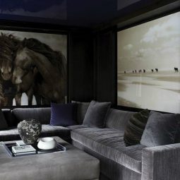 27 masculine living room with a navy ceiling and a grey velvet sofa.jpg