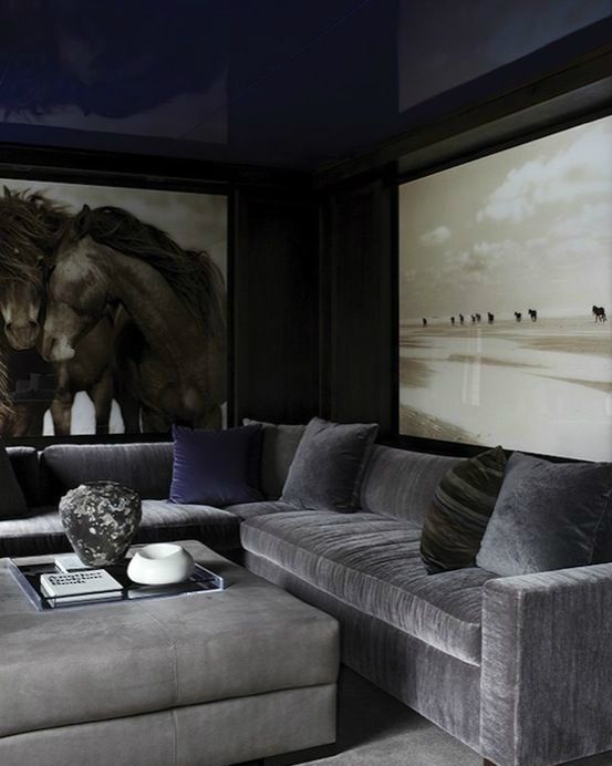 27 masculine living room with a navy ceiling and a grey velvet sofa.jpg