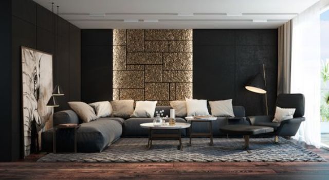 30 modern living room black walls a glitter stone accent piece and an oversized artwork.jpg
