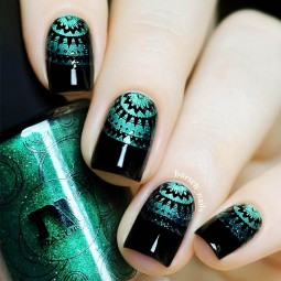 Black nails square shape short green glitter pattern stamping design.jpg