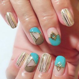 Turquoise shortnails with gold patterns @ciara.privatenailsalon.jpg
