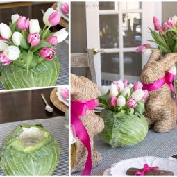 Deko ideen selbst machen frühlingsdeko aus blumen vase aus kraut weisse und rosa tulpen diy.jpg