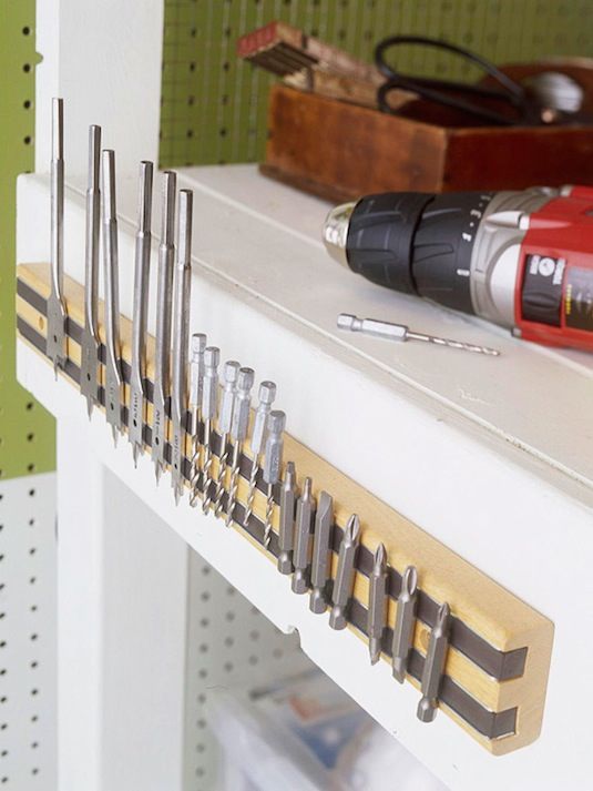 Brilliant garage organization ideas use a magnet strip to hold drill bits screws wrenches etc 1.jpg