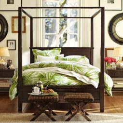 Brown green bedding tropical bedroom design.jpg