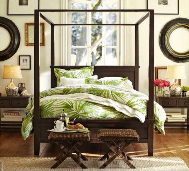 Brown green bedding tropical bedroom design.jpg
