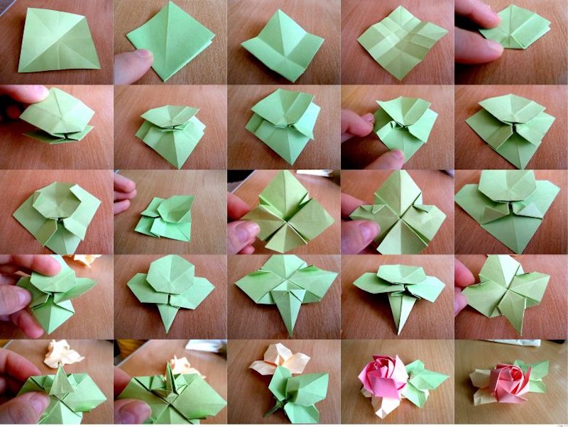 Origami blume falten rose falten mit grünen blättern.jpeg