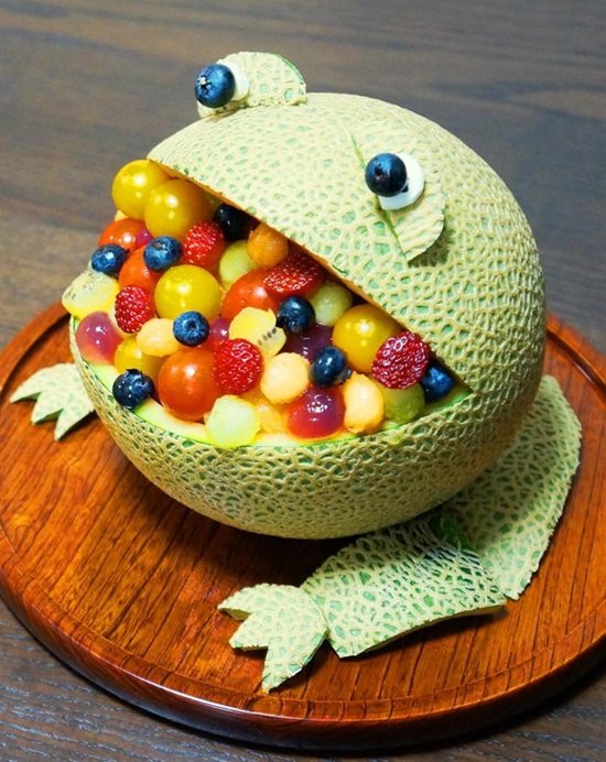 Getting creative with fruits and vegetables frog melon bowl momooze.com picturesque playground for moms.jpg