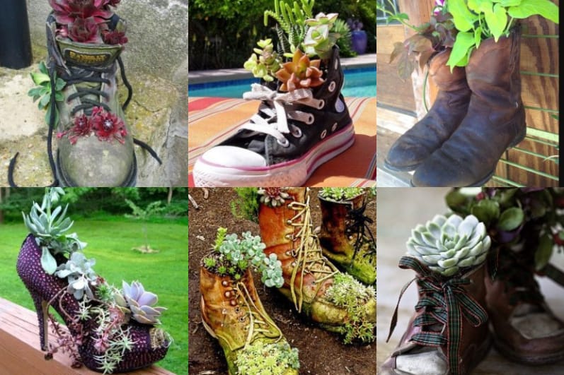 Abgefahrene Blumentöpfe aus alten Schuhen