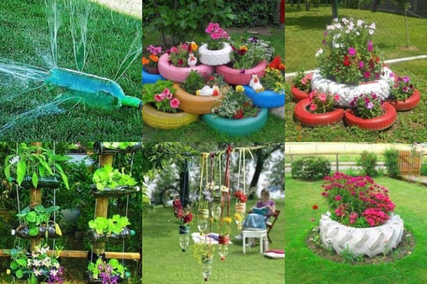 Garten-Upcycling-Ideen mit alte Reifen und Flaschen :)