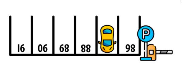 Entschlüsseln Sie, welche Nummer der Parkplatz hat, auf dem das gelbe Auto steht?